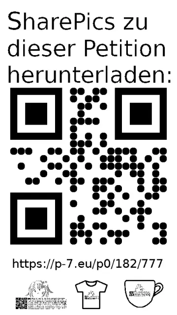 QR code und Link zur Download-Seite für die Sharepics der ePetition 182777, https://p-7.eu/p0/182/777