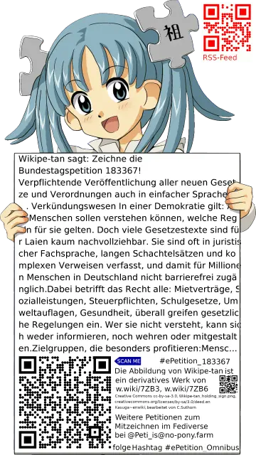Sharepic zur Petition 183367 für Toots, Posts, Chats, Poster, Banner, Flyer, T-Shirts, Tassen mit QR-Code, der direkt zur Mitzeichnen-Seite des Bundestags oder dem Login der Bundestags-Petitionsseite führt