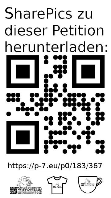 QR code und Link zur Download-Seite für die Sharepics der ePetition 183367, https://p-7.eu/p0/183/367