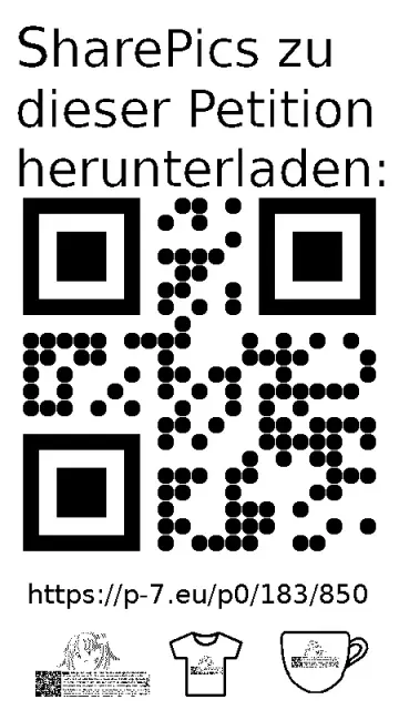 QR code und Link zur Download-Seite für die Sharepics der ePetition 183850, https://p-7.eu/p0/183/850