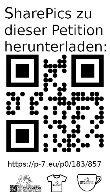 QR code und Link zur Download-Seite für die Sharepics der ePetition 183857, https://p-7.eu/p0/183/857