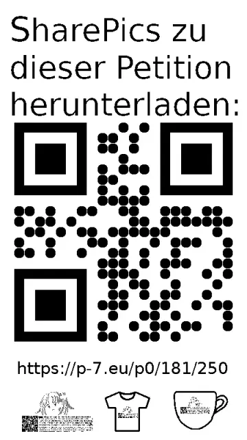 QR code und Link zur Download-Seite für die Sharepics der ePetition 181250, https://p-7.eu/p0/181/250