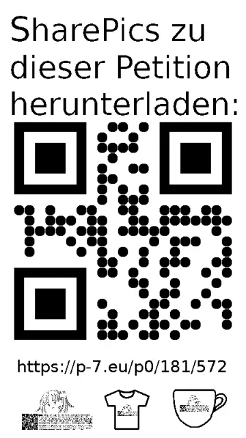 QR code und Link zur Download-Seite für die Sharepics der ePetition 181572, https://p-7.eu/p0/181/572