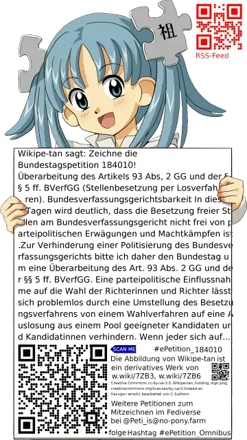 Sharepic zur Petition 184010 für Toots, Posts, Chats, Poster, Banner, Flyer, T-Shirts, Tassen mit QR-Code, der direkt zur Mitzeichnen-Seite des Bundestags oder dem Login der Bundestags-Petitionsseite führt