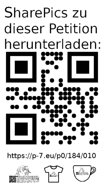 QR code und Link zur Download-Seite für die Sharepics der ePetition 184010, https://p-7.eu/p0/184/010
