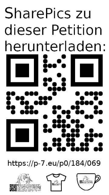 QR code und Link zur Download-Seite für die Sharepics der ePetition 184069, https://p-7.eu/p0/184/069
