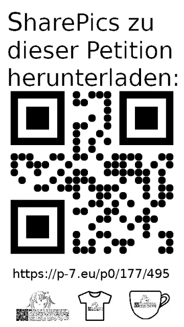 QR code und Link zur Download-Seite für die Sharepics der ePetition 177495, https://p-7.eu/p0/177/495