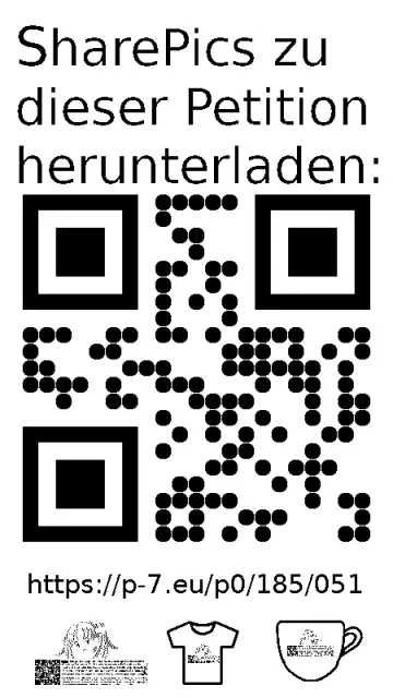 QR code und Link zur Download-Seite für die Sharepics der ePetition 185051, https://p-7.eu/p0/185/051